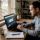 Man in home office sees reality check pop-up