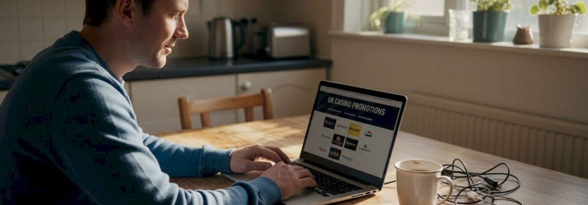 Man browsing casino promotions on laptop in kitchen