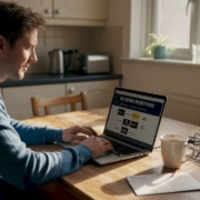 Man browsing casino promotions on laptop in kitchen