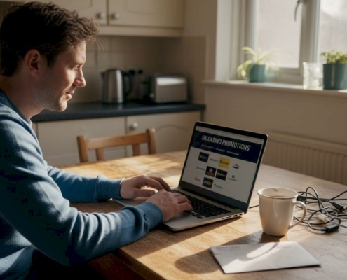 Man browsing casino promotions on laptop in kitchen