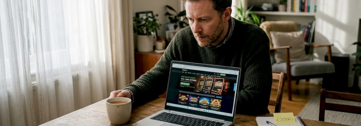 Man checking UK casino site on laptop