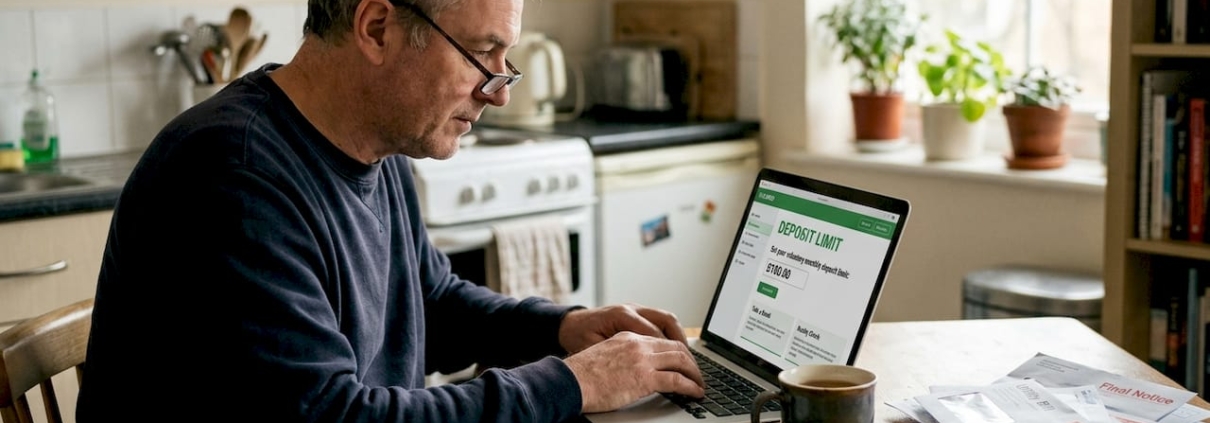 Man setting casino deposit limit on laptop