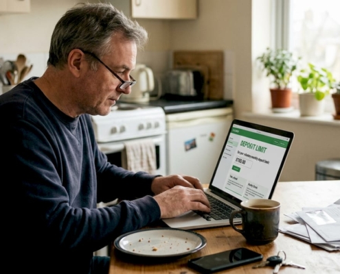 Man setting casino deposit limit on laptop