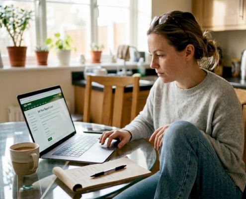 Woman viewing gambling limits page at home