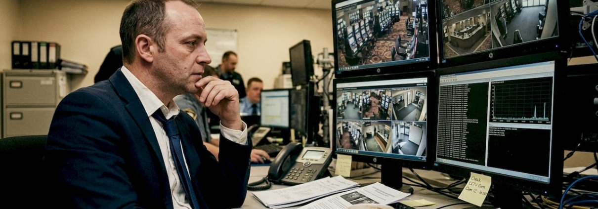 Casino security manager monitoring screens