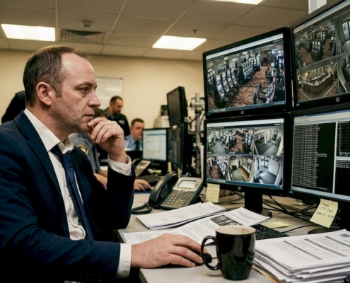 Casino security manager monitoring screens