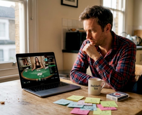 Man plays live dealer casino game at home