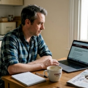 Man reading casino review at kitchen table