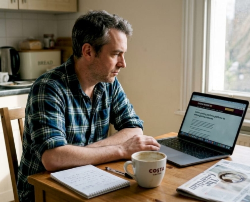 Man reading casino review at kitchen table