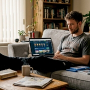 Man playing gamified casino site at home