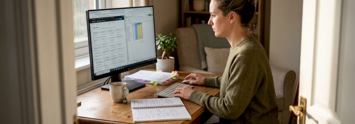 Woman reviewing casino game features at desk