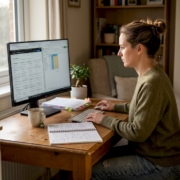 Woman reviewing casino game features at desk