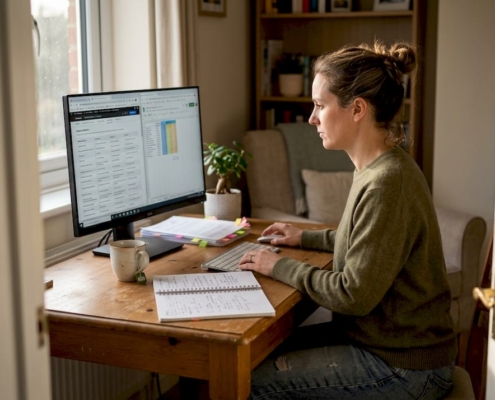 Woman reviewing casino game features at desk