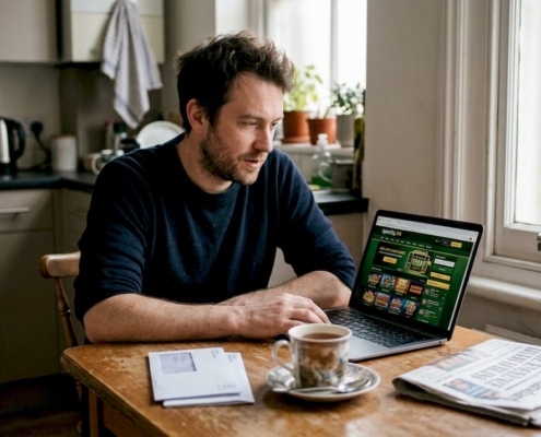 Man browsing online casino site at kitchen table