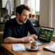 Man browsing online casino site at kitchen table