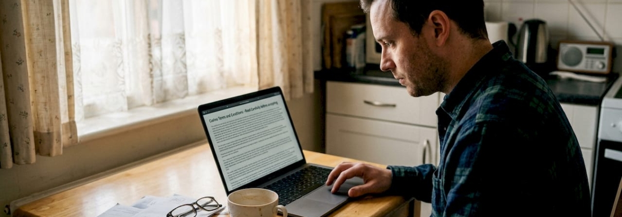Man reading casino terms on kitchen laptop