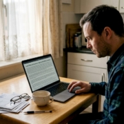 Man reading casino terms on kitchen laptop