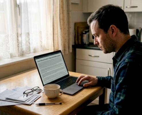Man reading casino terms on kitchen laptop