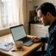 Man reading casino terms on kitchen laptop
