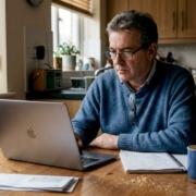 Man checking casino bonus details at home table