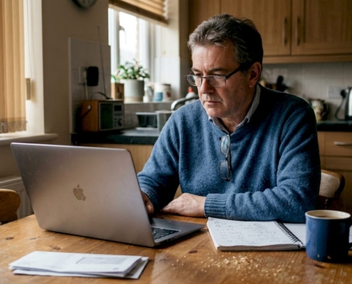 Man checking casino bonus details at home table