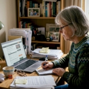 Woman researching casino bonus limits at desk