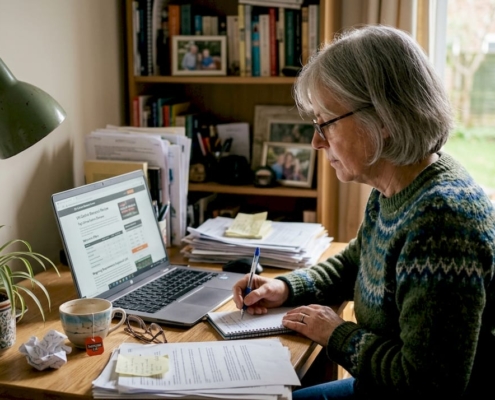 Woman researching casino bonus limits at desk
