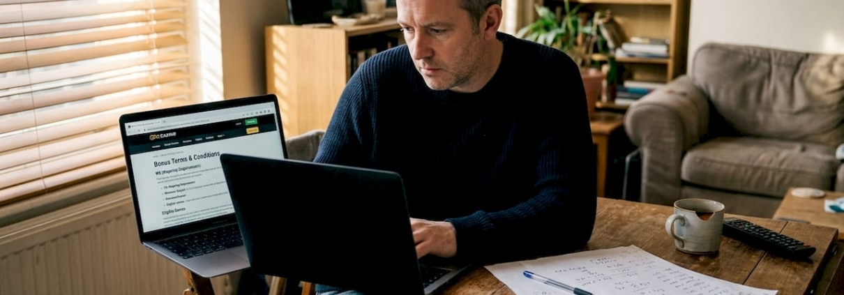Man checking casino bonuses at home