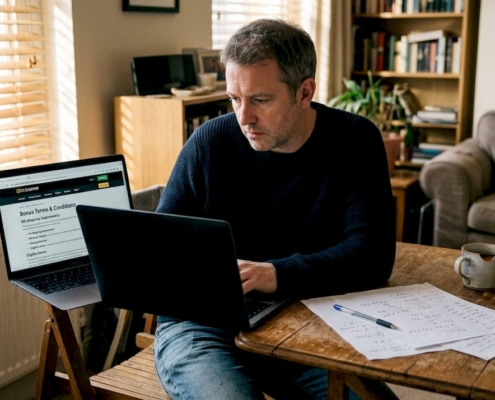 Man checking casino bonuses at home