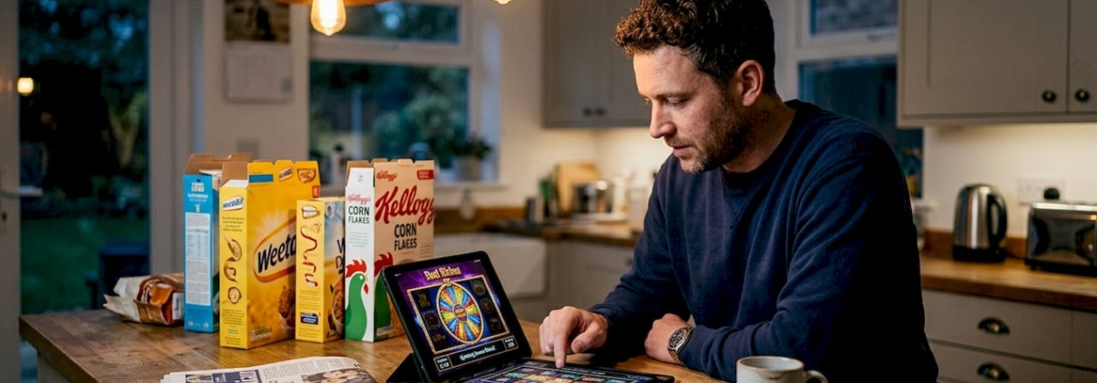 Man playing slot bonus round at kitchen island