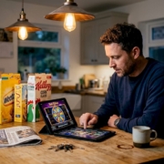 Man playing slot bonus round at kitchen island
