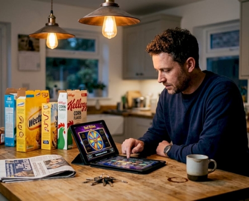 Man playing slot bonus round at kitchen island