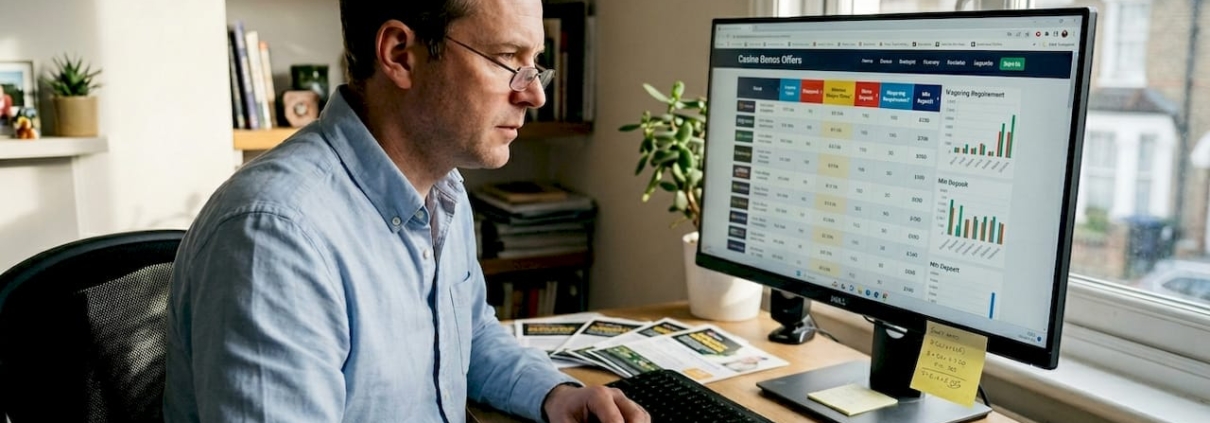 Analyst comparing casino bonuses at desk