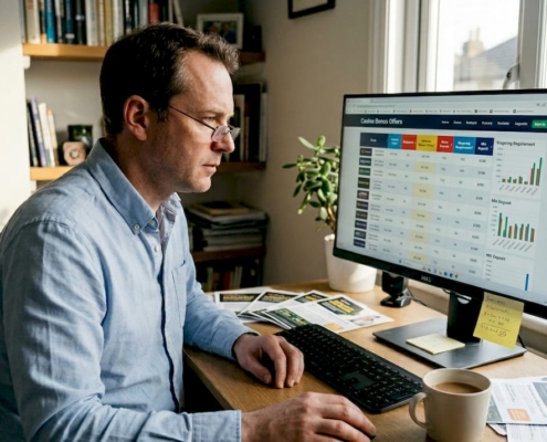 Analyst comparing casino bonuses at desk