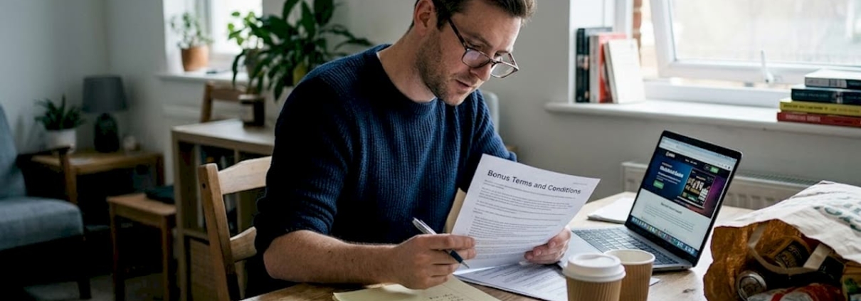 Man reading casino bonus terms at kitchen table
