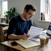 Man reading casino bonus terms at kitchen table