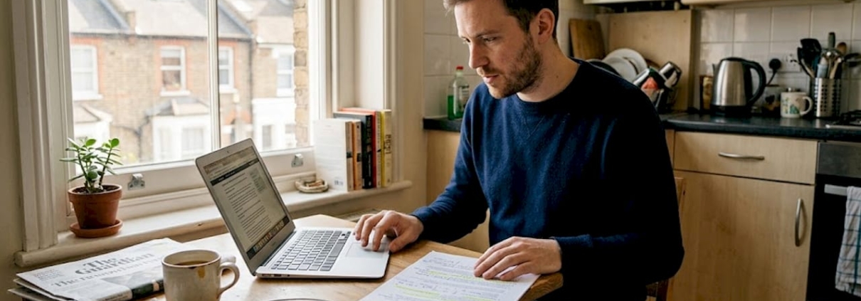 Man reading casino terms at kitchen table