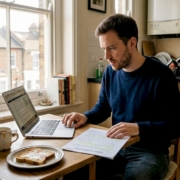 Man reading casino terms at kitchen table