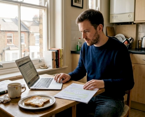 Man reading casino terms at kitchen table
