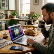 Man entering casino bonus code at kitchen table
