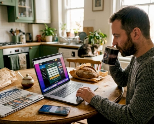 Man entering casino bonus code at kitchen table