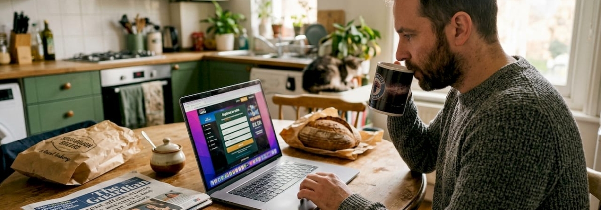 Man entering casino bonus code at kitchen table