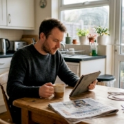 Man checks casino rewards on kitchen tablet