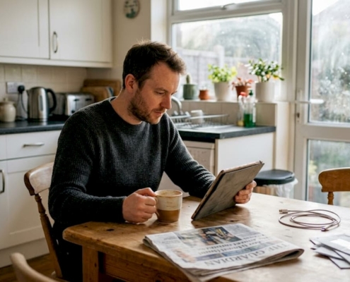 Man checks casino rewards on kitchen tablet