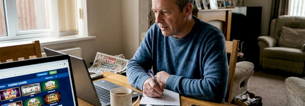 Man reviewing casino games on laptop at home