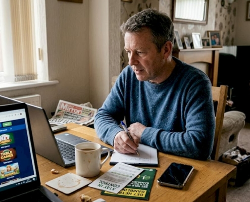 Man reviewing casino games on laptop at home