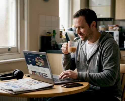 UK casino player browsing site at kitchen table