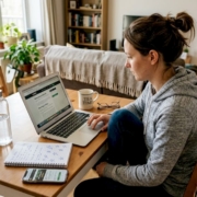 Woman comparing casino bonuses on laptop
