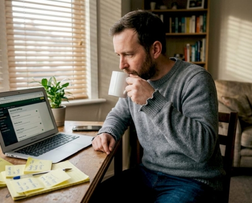 Man reviewing responsible wagering at home