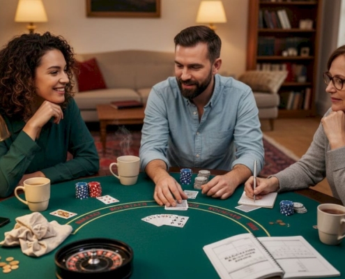 Friends playing casino table games at home